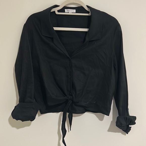 Gianni Bini Linen Tie Front Button Down Collar Black Blouse - Picture 1 of 6